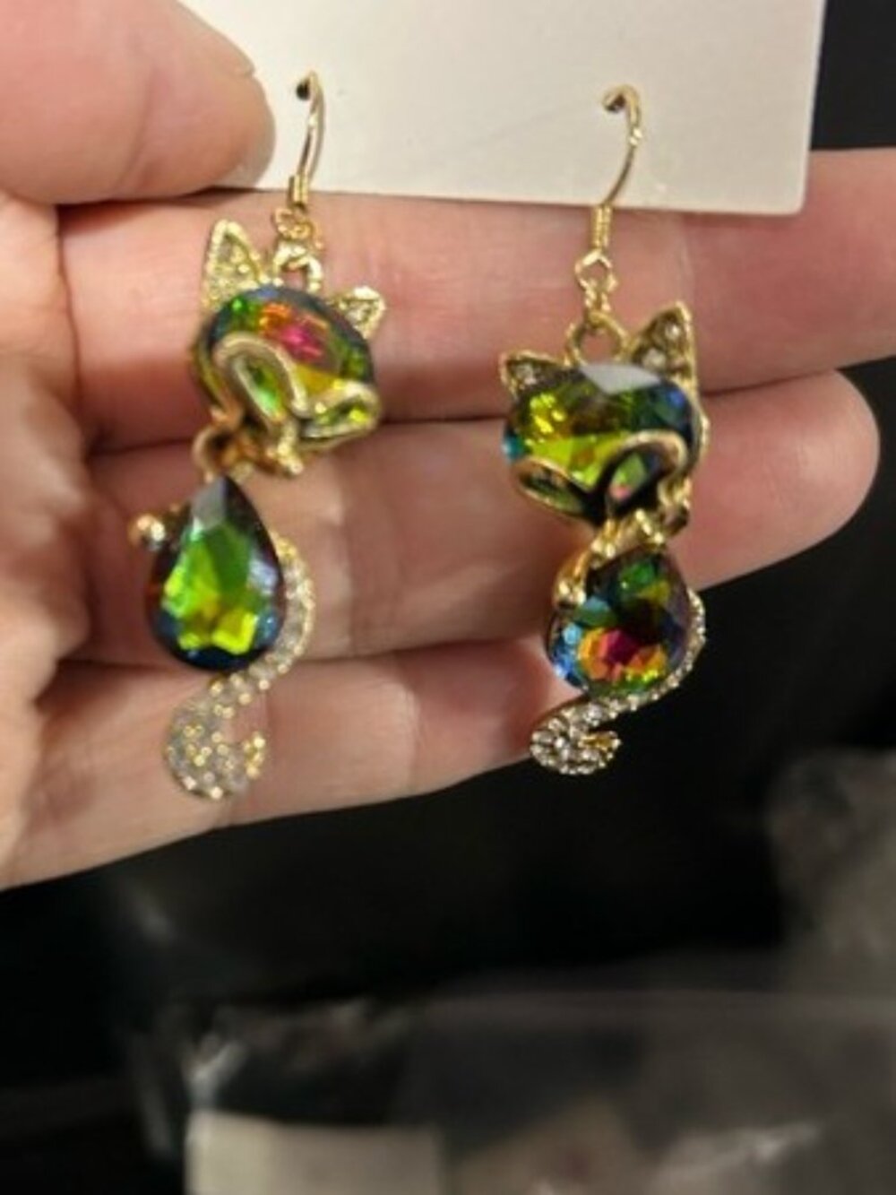 Betsey Johnson Gold-Tone Multicolor Crystal Cat Dangle Earrings